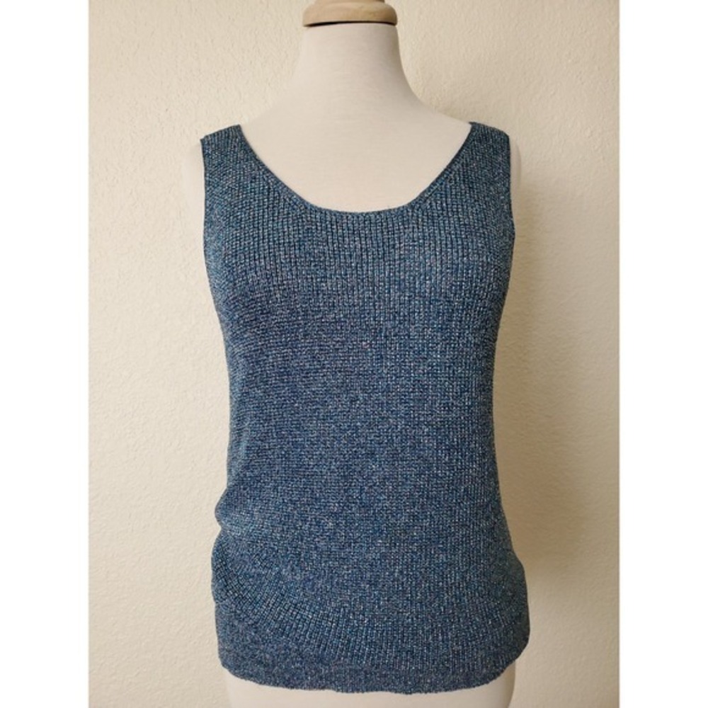 Vintage 90s Blue Crochet Knit Tank Christine Phillipe Sleeveless Shimmer Top M - Picture 10 of 14